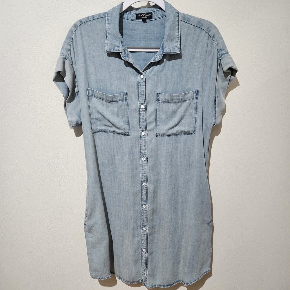 Velvet Heart Women's MED Short Sleeve Button Up Shirt Dress Chambray Blue